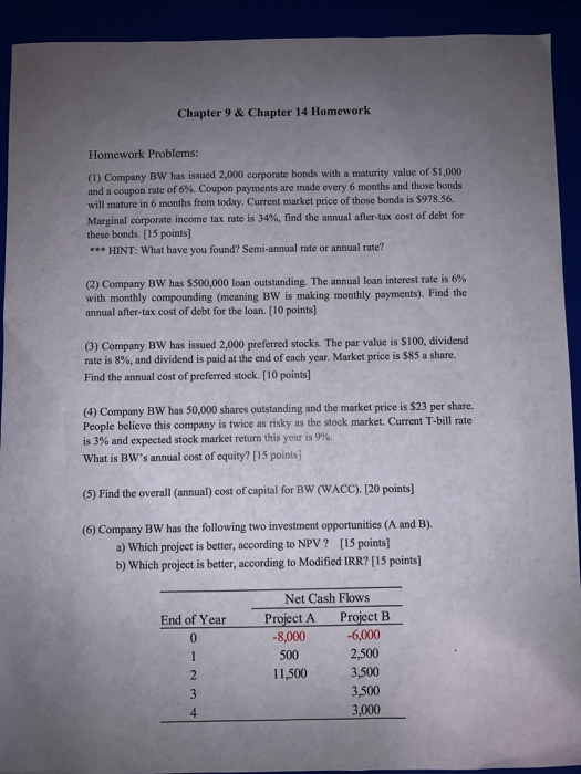  Chapter 9 & Chapter 14 Homework Homework Problems: (1) Company BW