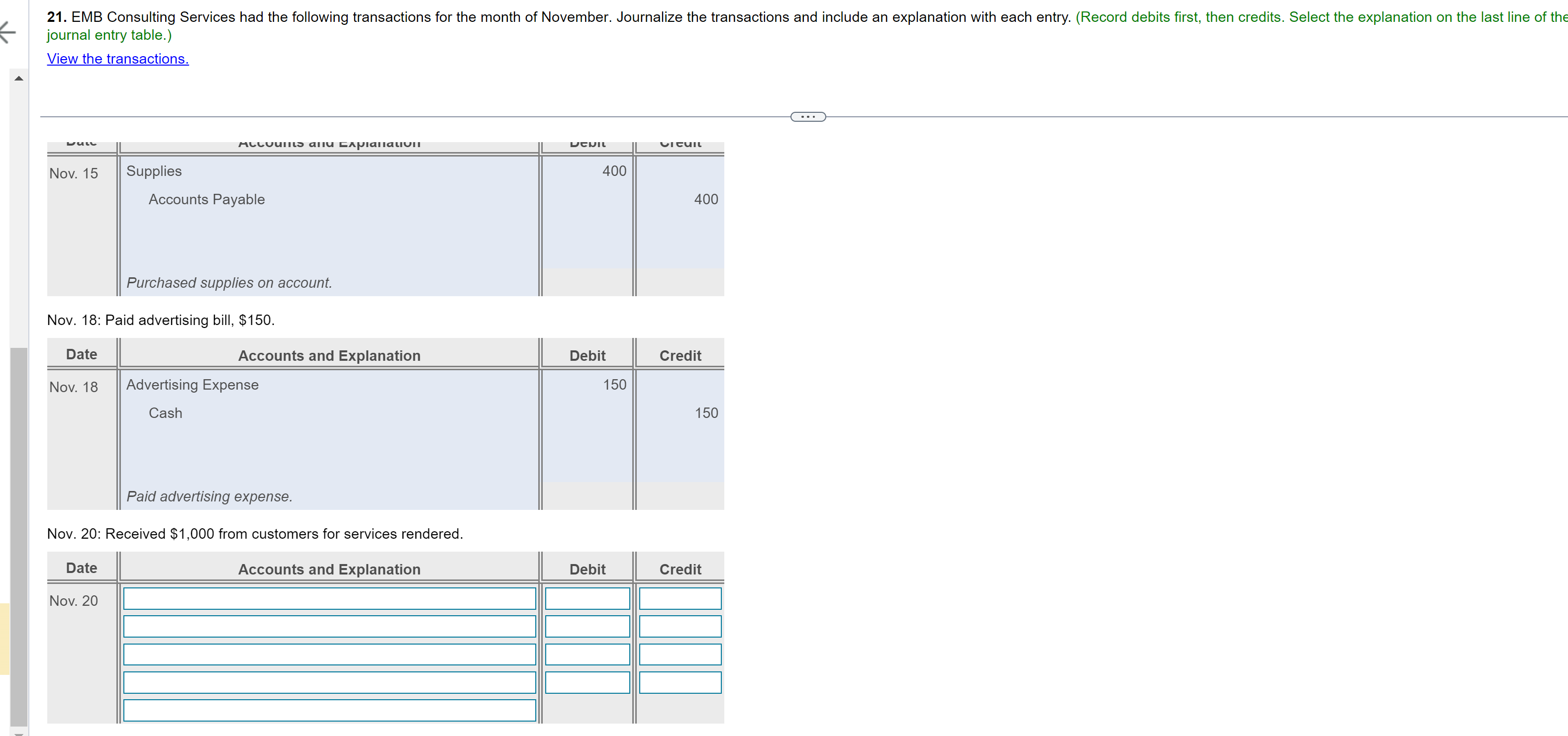  journal entry table.) View the transactions. Nov. 18: Paid advertising bill,