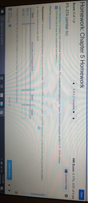 chapter 5 p5-37a Save Homework: Chapter 5 Homework Score: 0 of 1