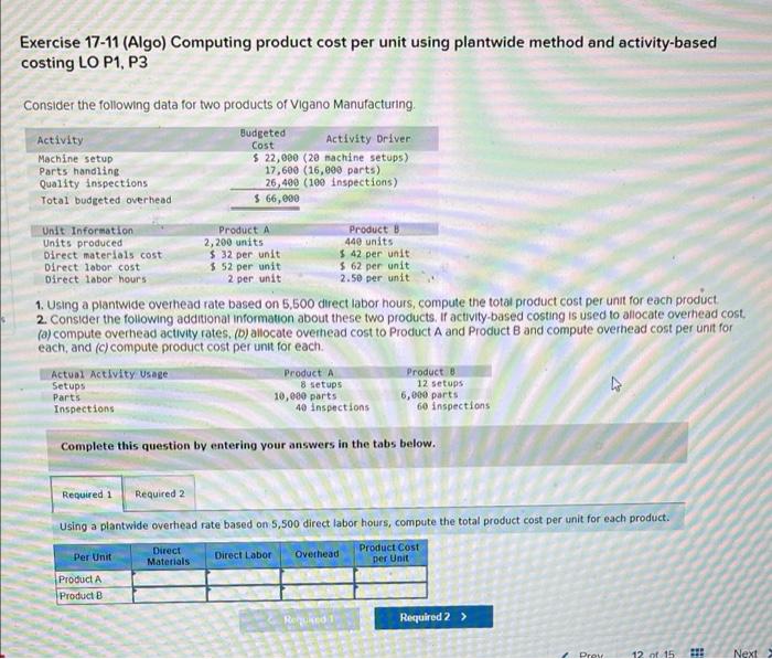  Exercise 17-11 (Algo) Computing product cost per unit using plantwide method