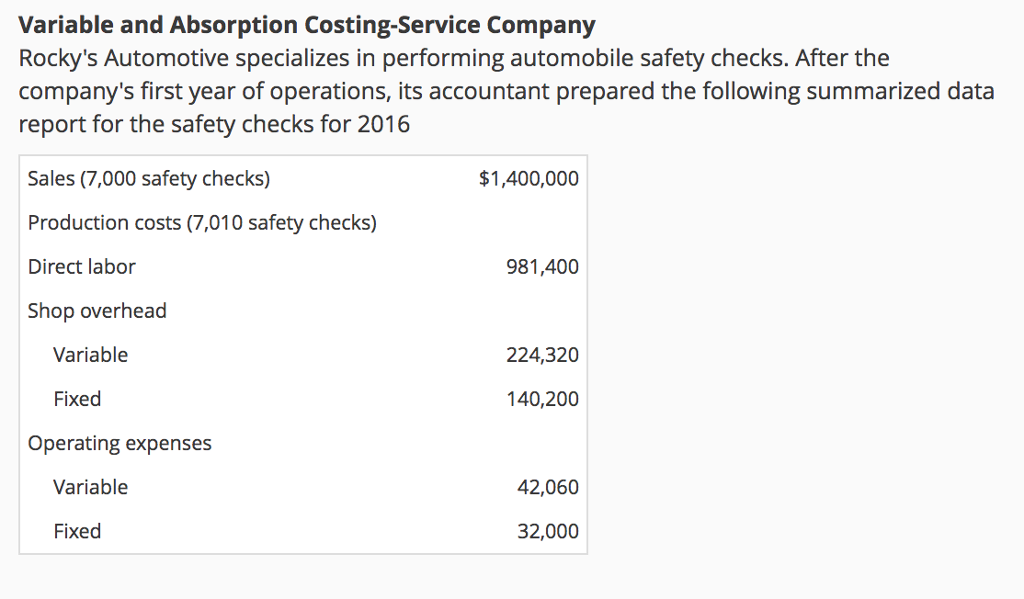  Some help would be much appreciated! thanks! Variable and Absorption Costing-Service