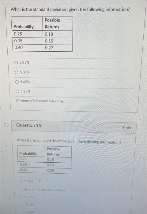  D What is the standard deviation given the following information? Possible