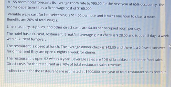  A 155 room hotel forecasts its average room rate to $90.00
