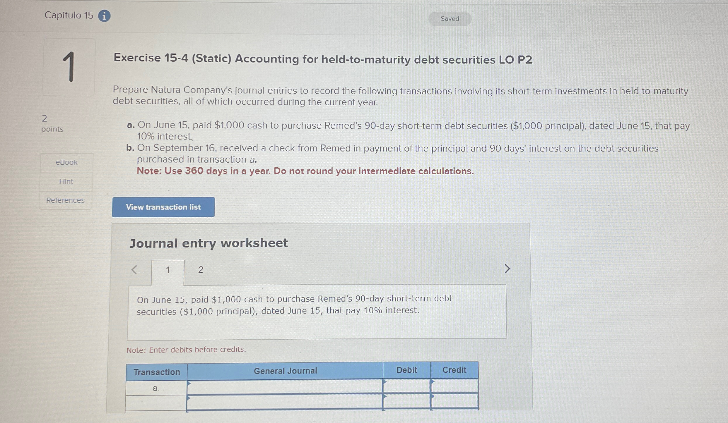 Capitulo 15(i) 1 Exercise 15-4(Static) Accounting for held-to-maturity debt securities LO