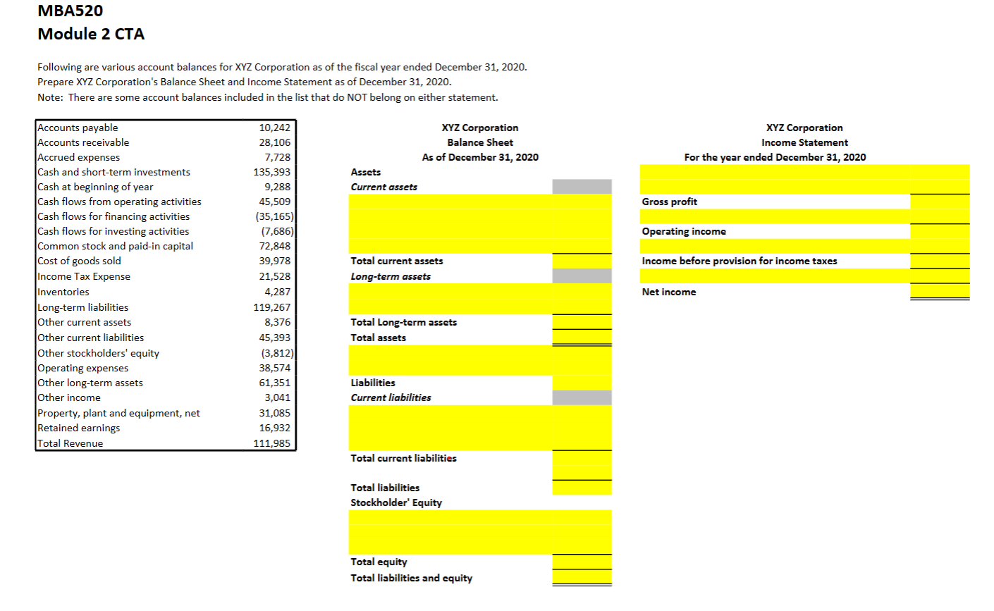  Complete an income statement and balance sheet using the information provided