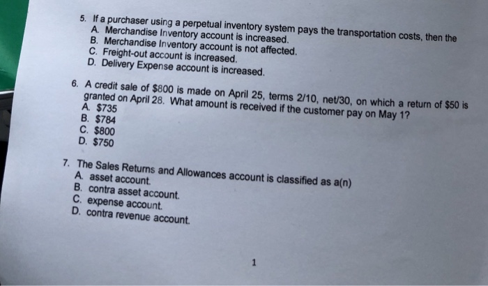  5. If a purchaser using a perpetual inventory system pays the