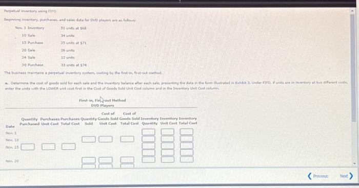  Perpetual inventory using FIFO Beginning inventory, purchases, and sales data for