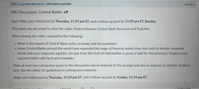  M6 Discussion: Central Banks At Due: Make your initial post by