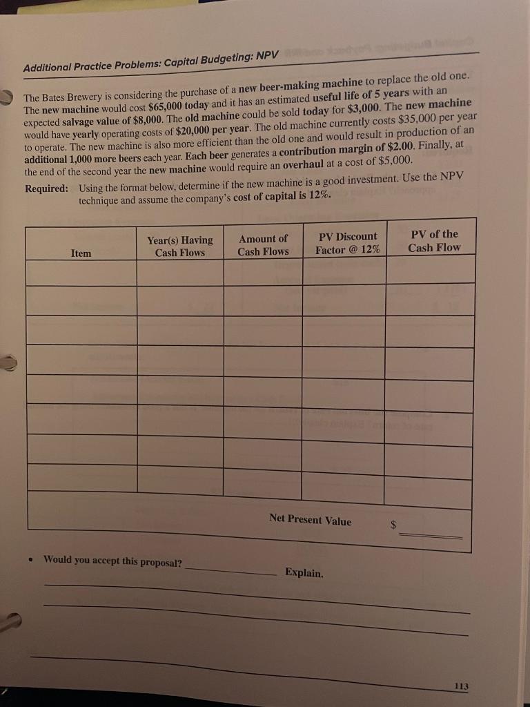  Additional Practice Problems: Capital Budgeting: NPV The Bates Brewery is considering