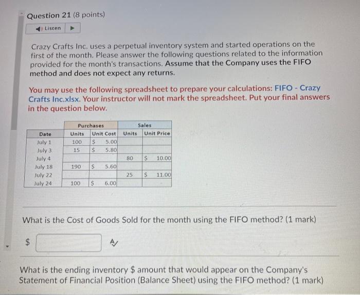  Crazy Crafts Inc. uses a perpetual inventory system and started operations