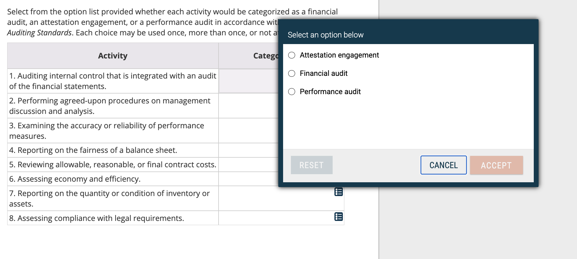 Select from the option list provided whether each activity would be