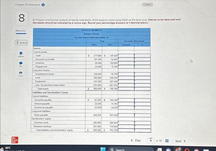 HORIZONTAL ANALYSIS 30C Chapter 12 Homework Part 2 of 2 Mc