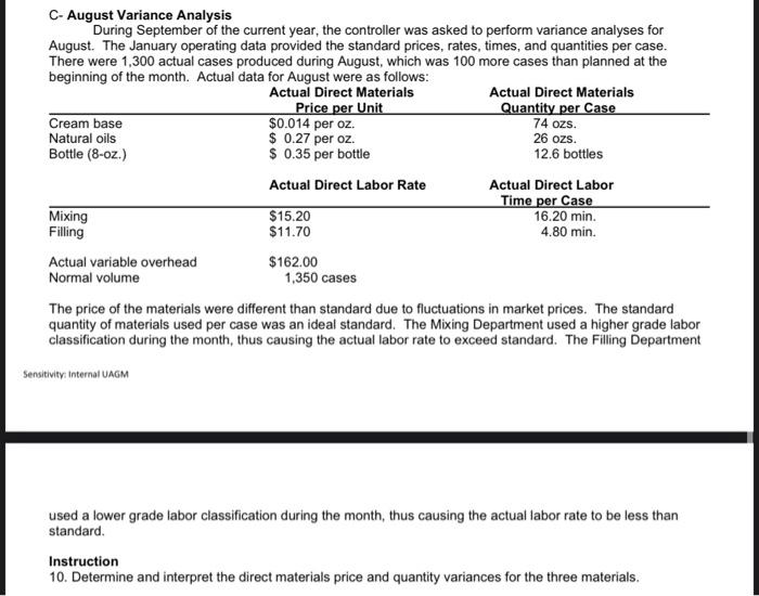  C- August Variance Analysis During September of the current year, the