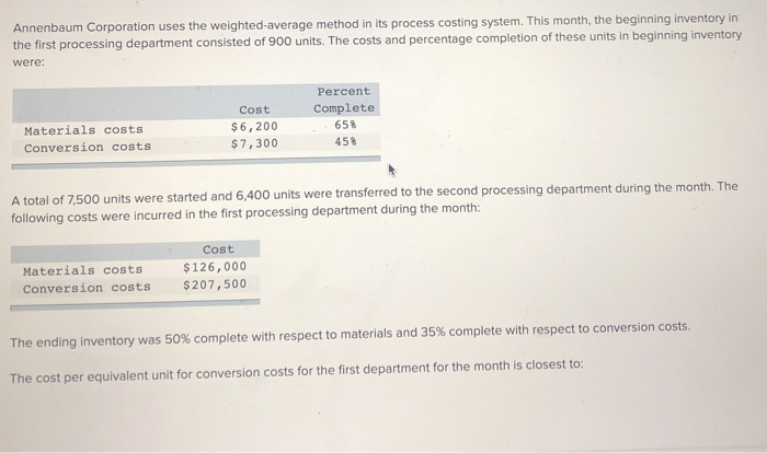  Annenbaum Corporation uses the weighted average method in its process costing