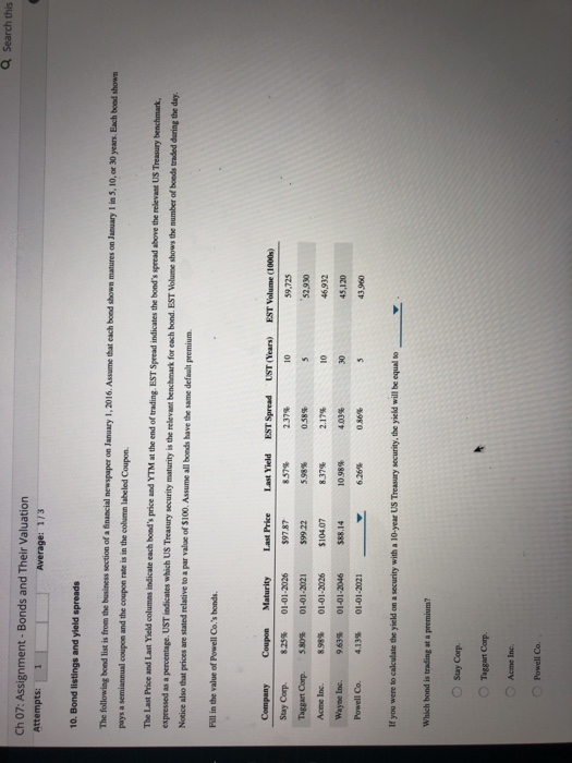  Q Search this Ch 07: Assignment - Bonds and Their Valuation