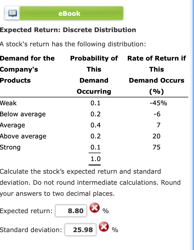  eBook Expected Return: Discrete Distribution A stock's return has the following