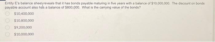  please help!!! Entity E's balance sheet reveals that it has bonds