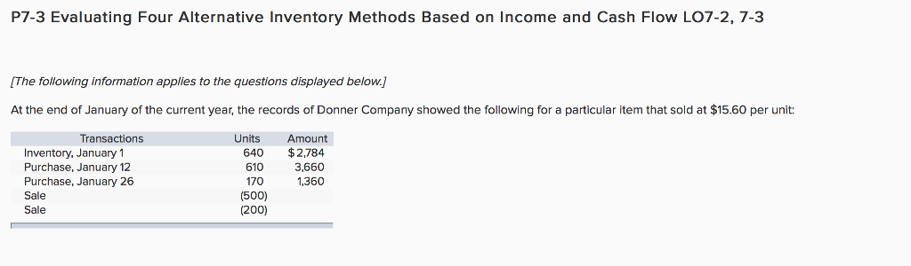  P7-3 Evaluating Four Alternative Inventory Methods Based on Income and Cash