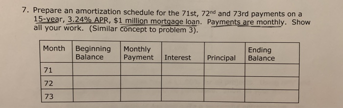  7. Prepare an amortization schedule for the 71st, 72nd and 73rd