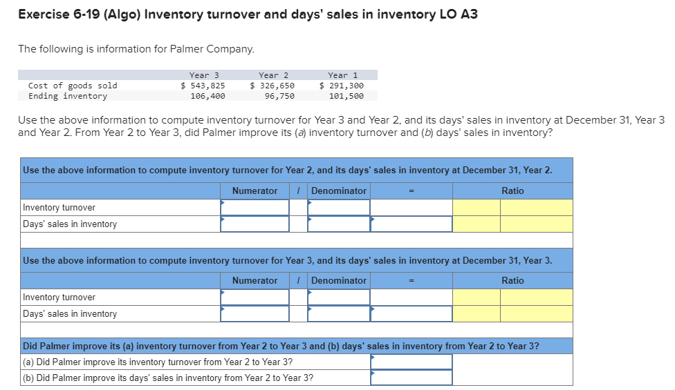  Exercise 6-19(Algo) Inventory turnover and days' sales in inventory LO A3