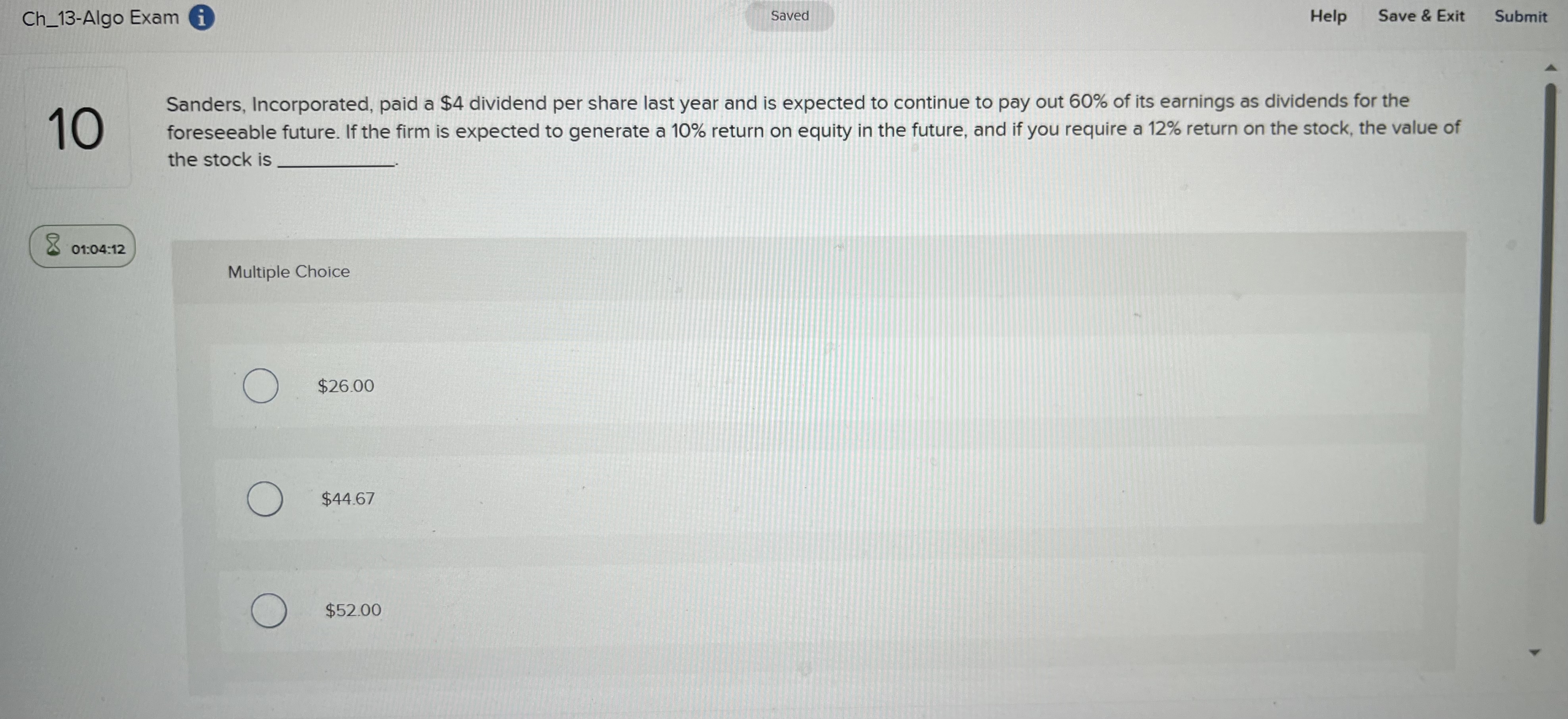  Ch_13-Algo Exam (i) Saved Help Save & Exit Submit 10 Sanders,