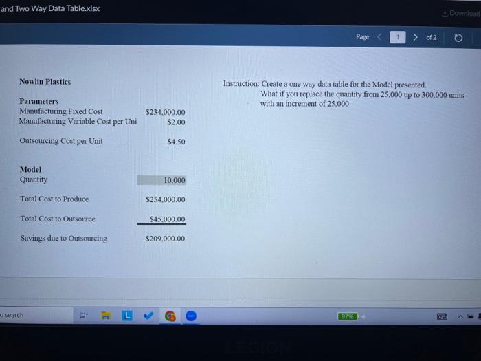  and Two Way Data Table.xlsx Nowlin Plastics Nowlin Plastics Instruction: Create