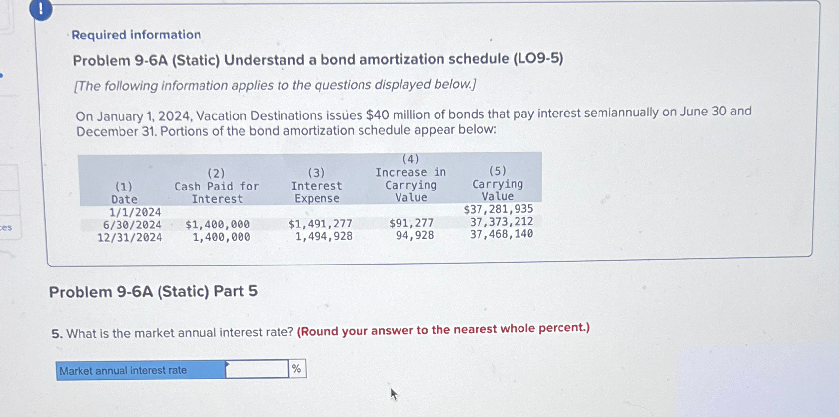  Required information Problem 9-6A (Static) Understand a bond amortization schedule (LO9-5)