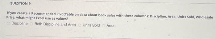  QUESTION 9 If you create a Recommended PivotTable on data about