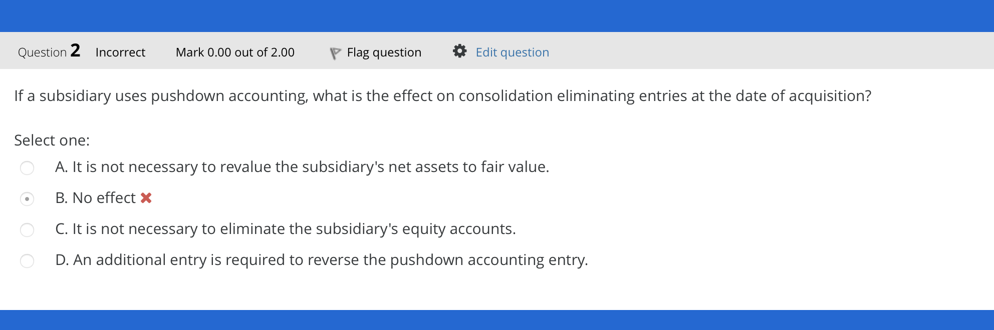 If a subsidiary uses pushdown accounting, what is the effect on consolidation