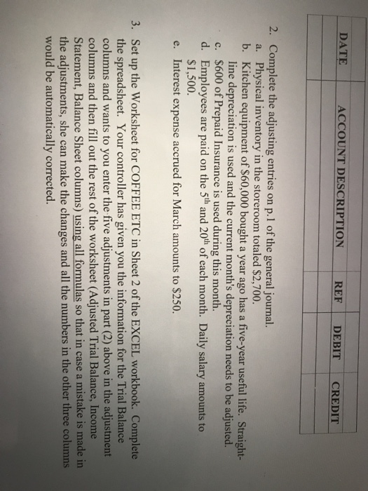  TE ACCOUNT DESCRIPTION REF DEBIT CREDIT 2. Complete the adjusting entries