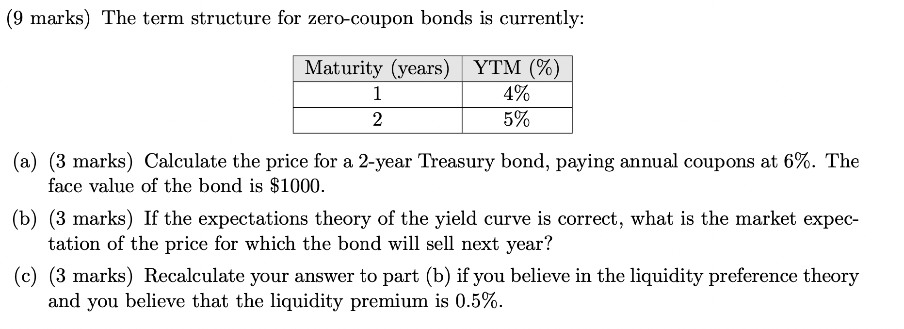 (9 marks) The term structure for zero-coupon bonds is currently: Maturity