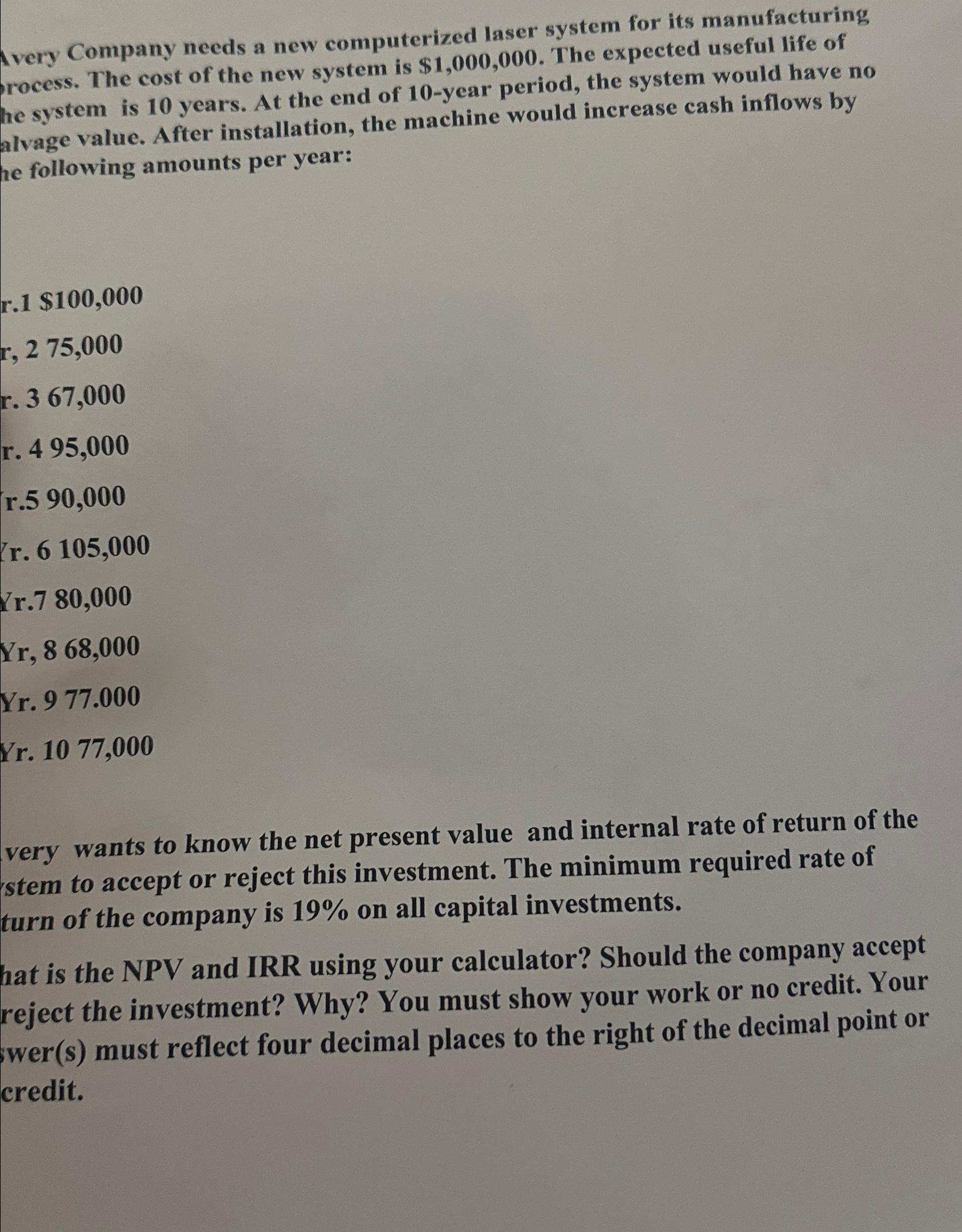  Avery Company needs a new computerized laser system for its manufacturing