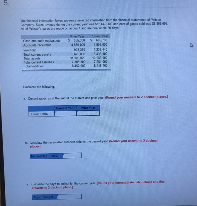  5. The financial information below presents selected information from the financial