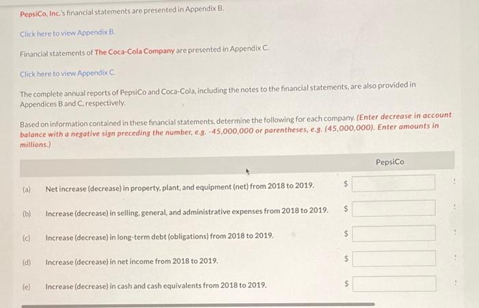help plss appendix B appendix C PepsiCo, Inc's financial statements are presented