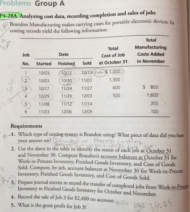  Problems Group A 284 Analyzing cost data, recording completion and sales