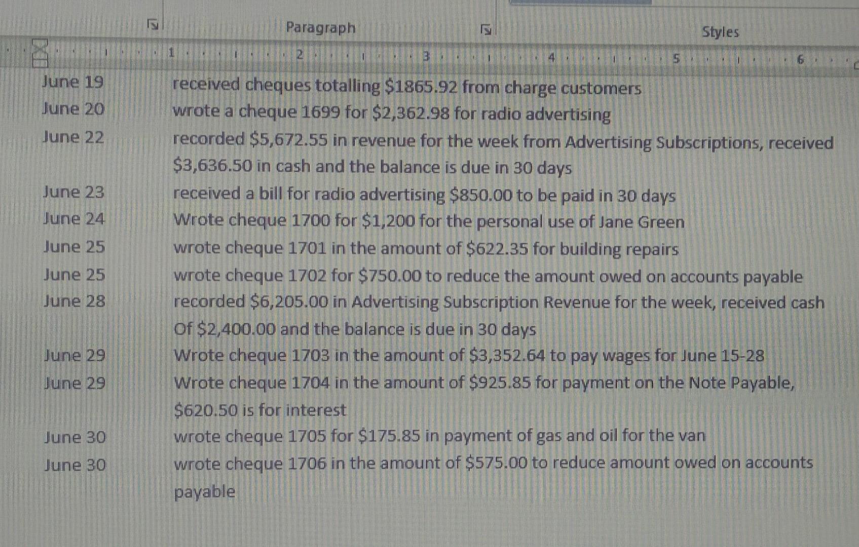 of accounts for and balances for June 1, 20XX for The Right