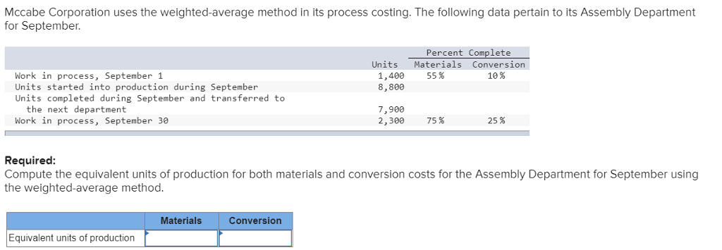  Mccabe Corporation uses the weighted-average method in its process costing. The