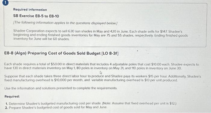  Required information SB Exercise E8-5 to E8-10 [The following information applies