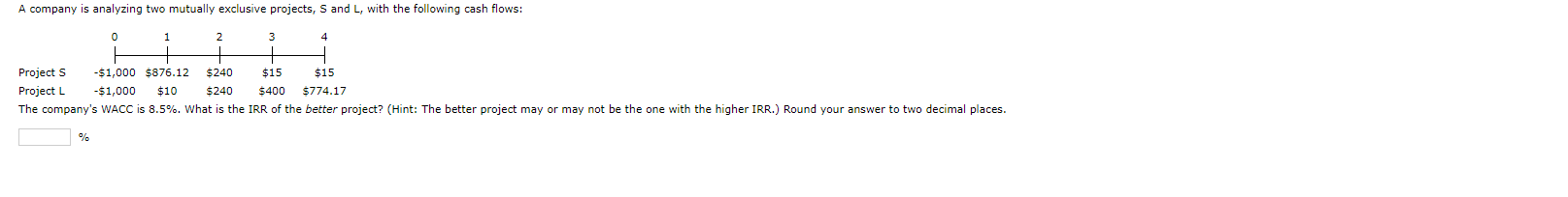 A company is analyzing two mutually exclusive projects, S and L, with