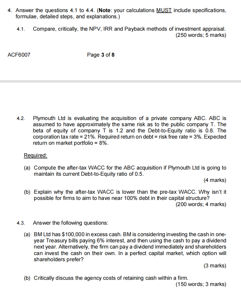  4. Answer the questions 4.1 to 4.4. (Note: your calculations MUST