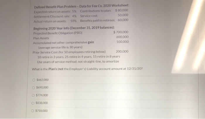  Dehned Benefit Plan Problem - Data for Fox Co. 2020 Worksheet: