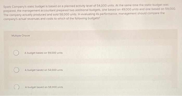  Spark Company's static budget is based on a planned activity level