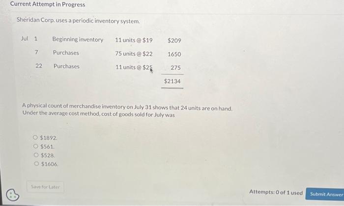  Current Attempt in Progress Sheridan Corp. uses a periodic inventory system.