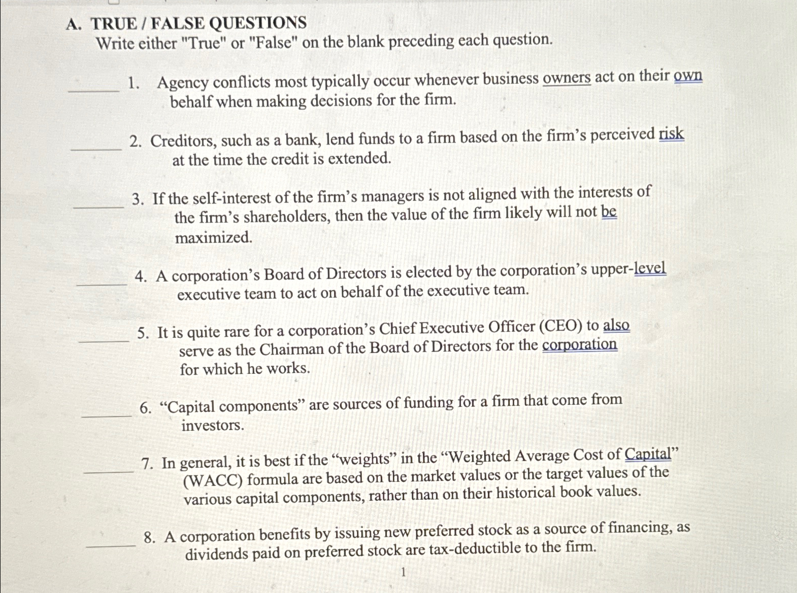  A. TRUE / FALSE QUESTIONS Write either "True" or "False" on
