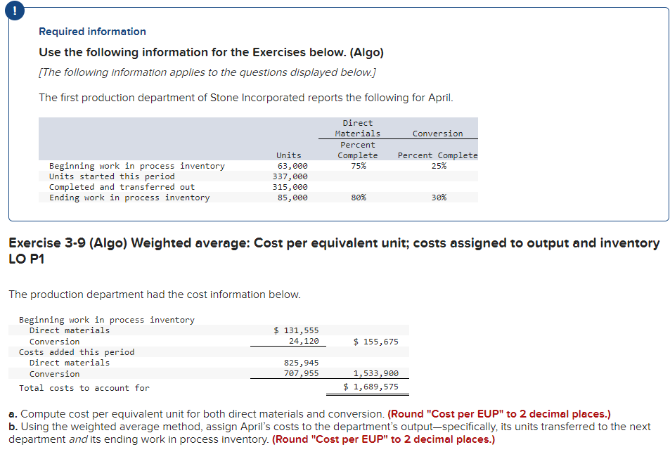 Required information Use the following information for the Exercises below. (Algo)