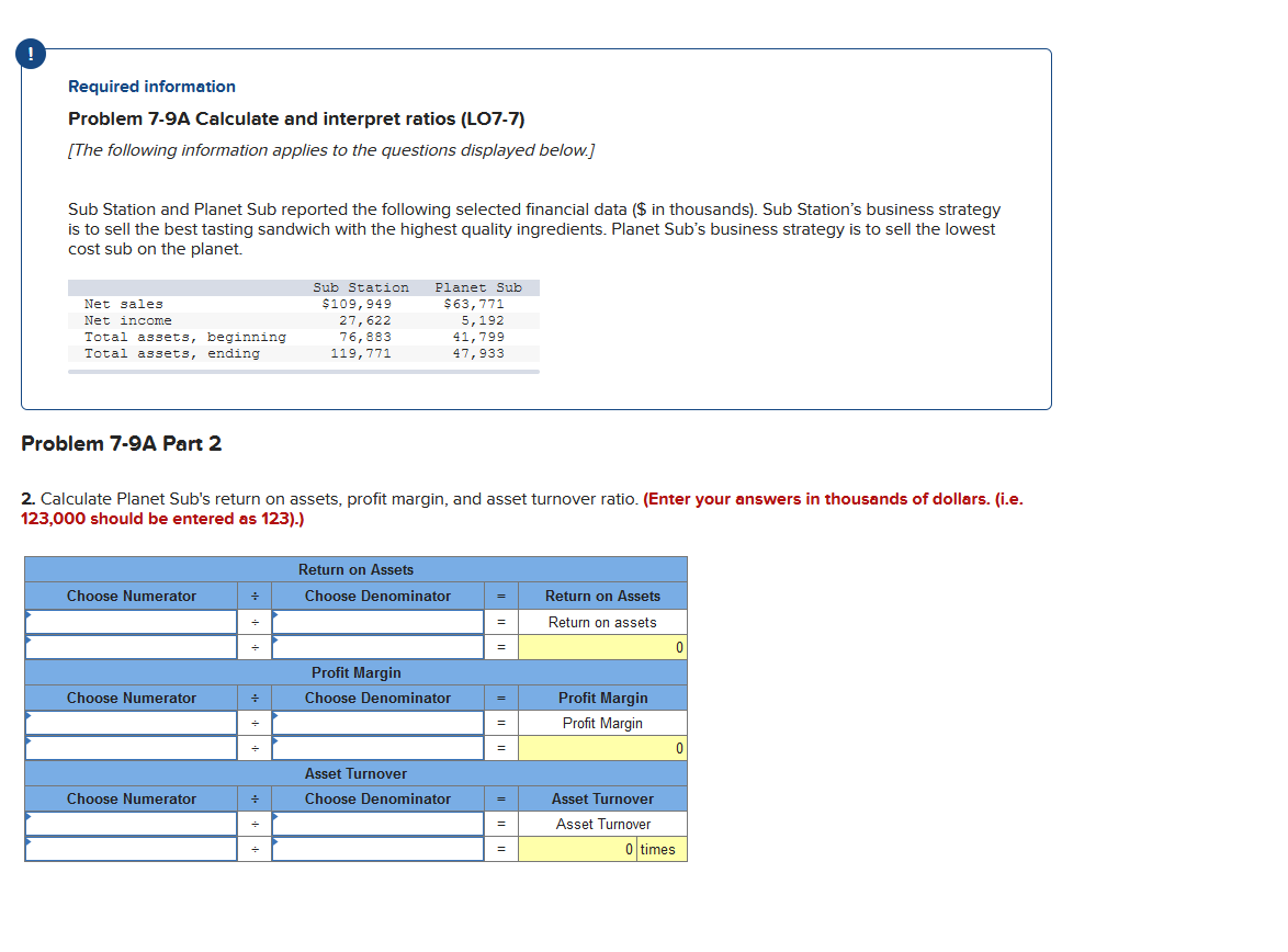 Required information Problem 7-9A Calculate and interpret ratios (LO7-7) [The following