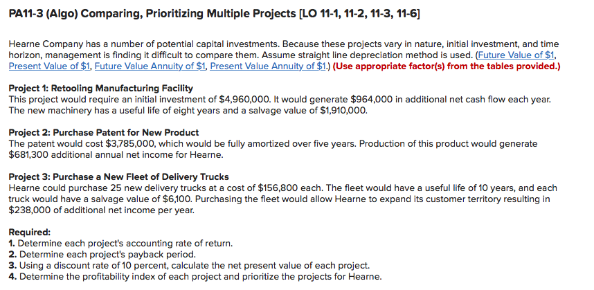  PA11-3 (Algo) Comparing, Prioritizing Multiple Projects [LO 11-1, 11-2, 11-3, 11-6]