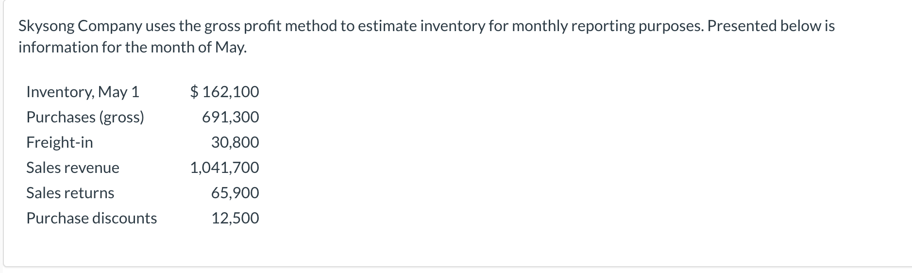 1. Compute the estimated inventory at May 31, assuming that the