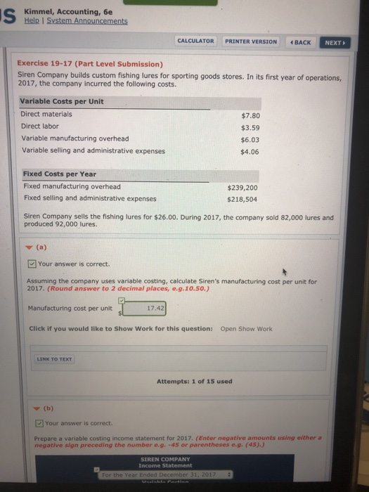  Kimmel, Accounting, 6e Help I System Announcements CALCULATOR PRINTER VERSION BACK