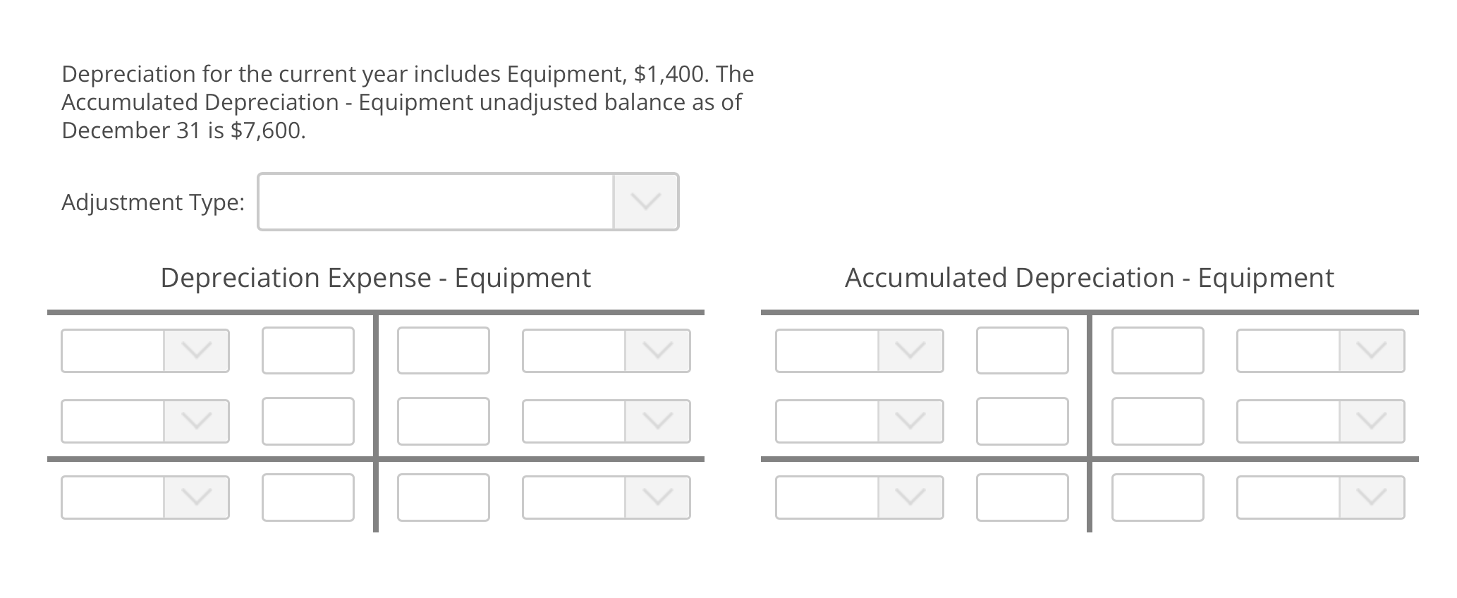  Depreciation for the current year includes Equipment, $1,400. The Accumulated Depreciation